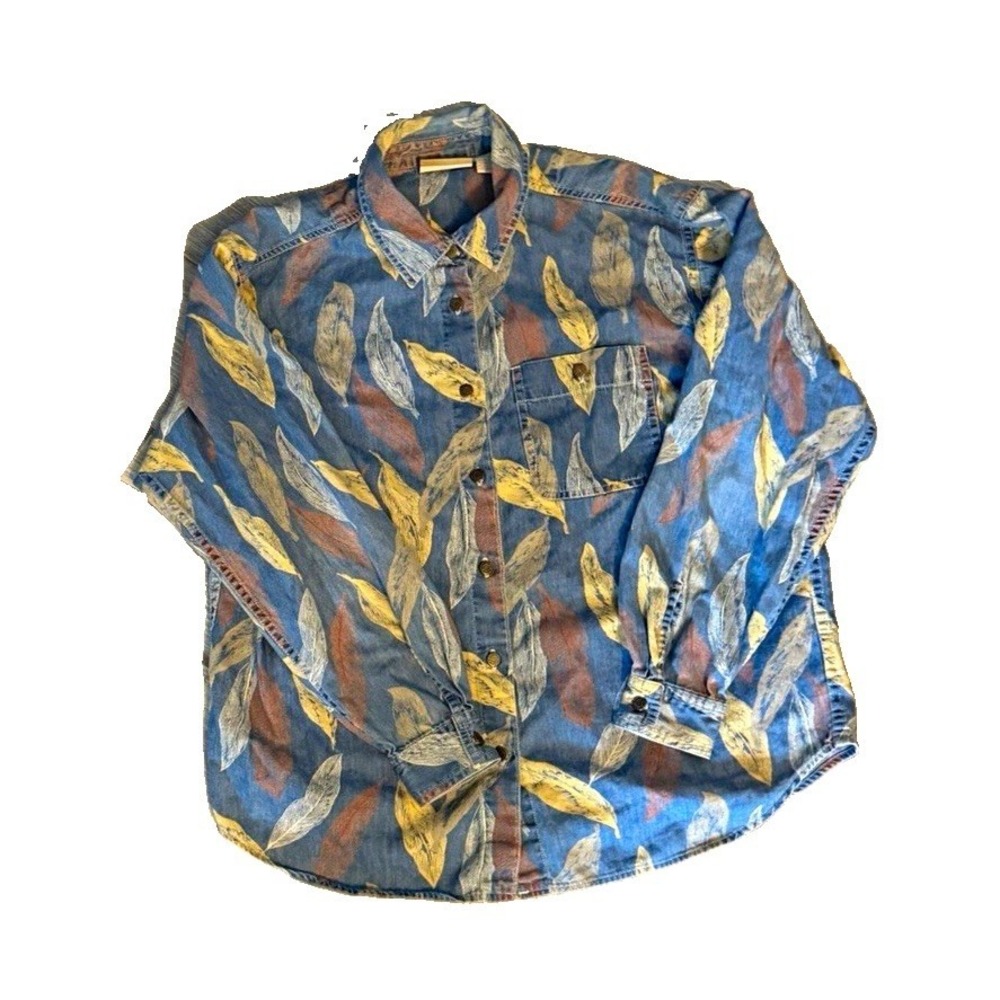 Liz Claiborne Lizwear Vintage Blue Leaf Print Cotton Button Up Shirt Womens L
